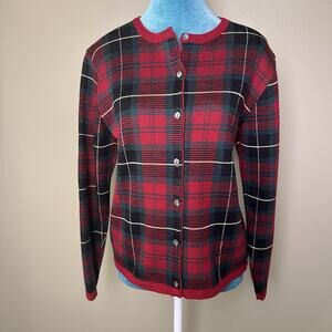 Talbots women S Cardigan Merino Wool Button Red Christmas Plaid made in Italy